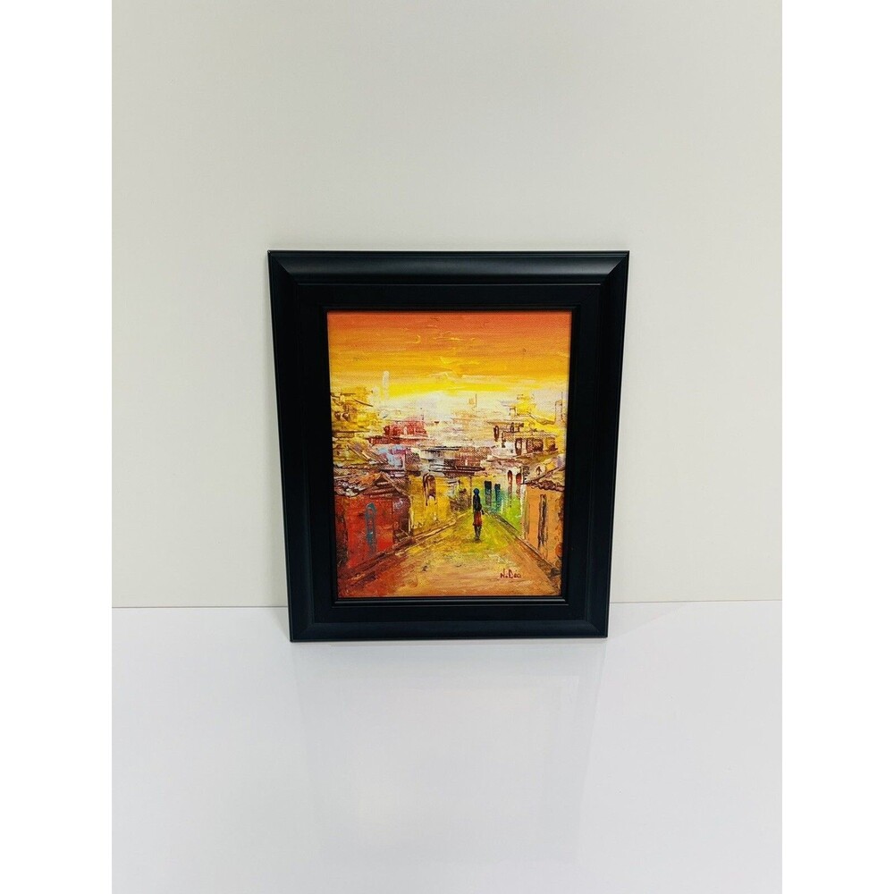 N. Deo - Vintage impressionist oil painting depicting Village City Life 8 x 10